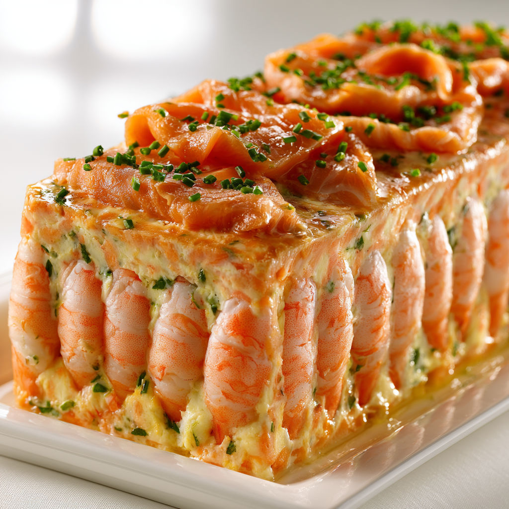 Terrine festive de saumon et crevettes, idéale pour entrée froide raffinée.