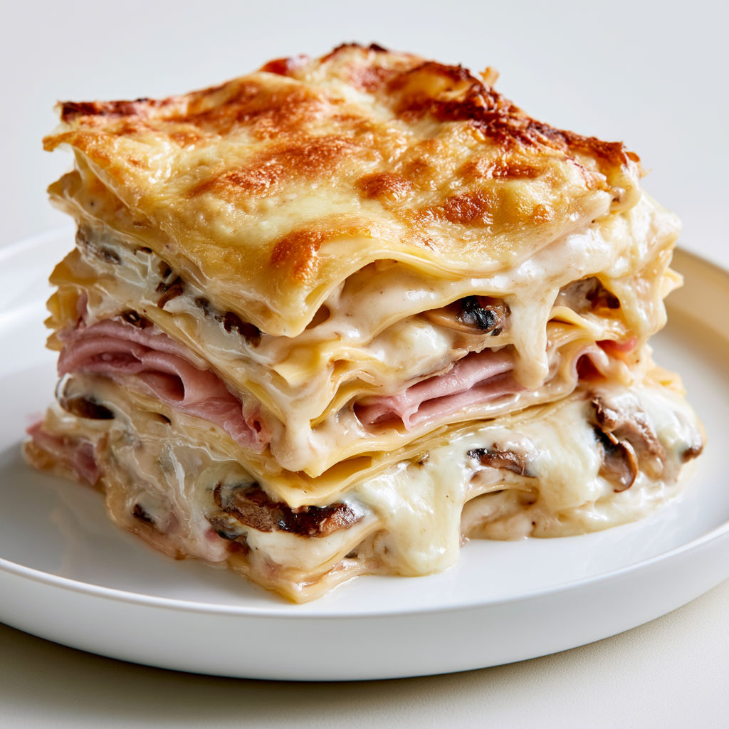 Lasagnes Crémeuses au Jambon et Champignons Graténées au Four.