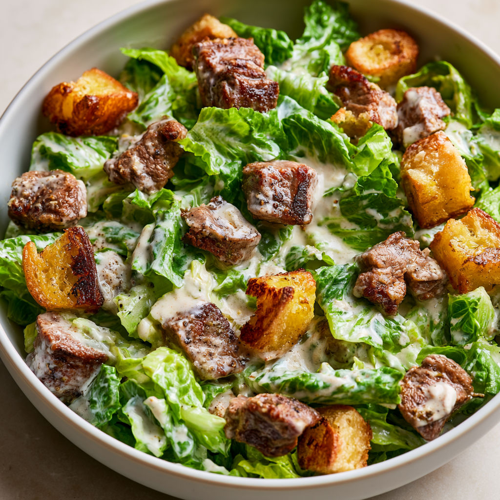 Une salade César revisitée à l'agneau, composée de légumes frais et de viande grillée, est servie dans un bol sur une table.