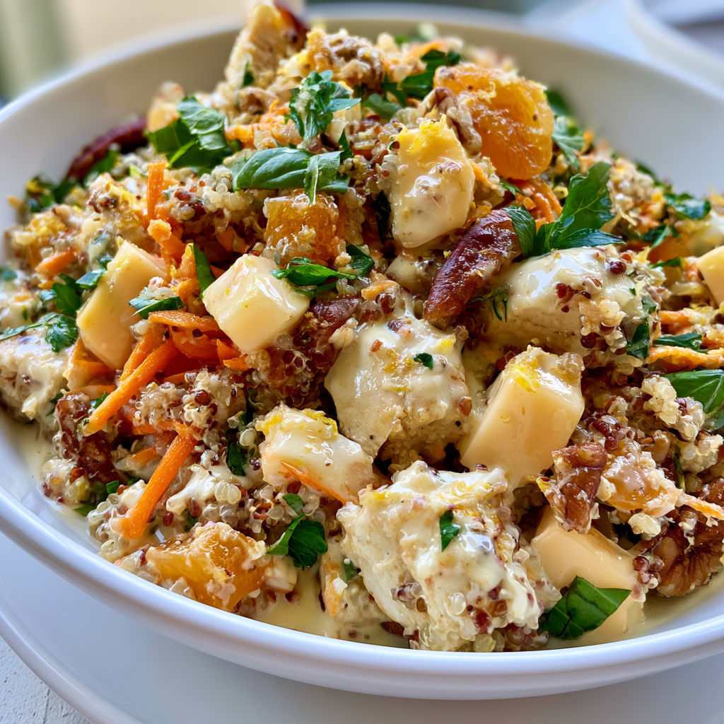 Une salade de quinoa au poulet et aux abricots séchés, avec des légumes et des graines de cumin, est servie dans un bol.