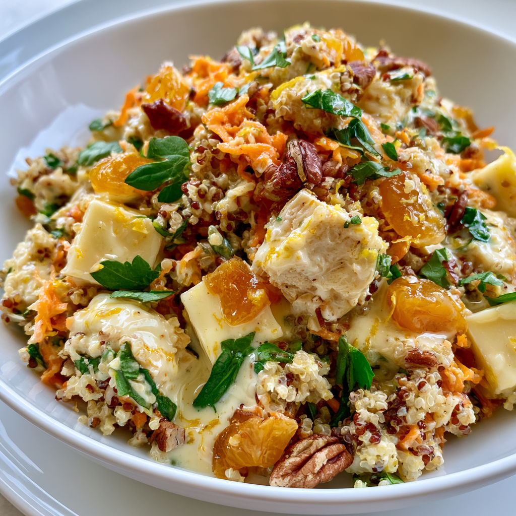 Salade de Quinoa Complète au Poulet, Abricots et Croquant de Noix.