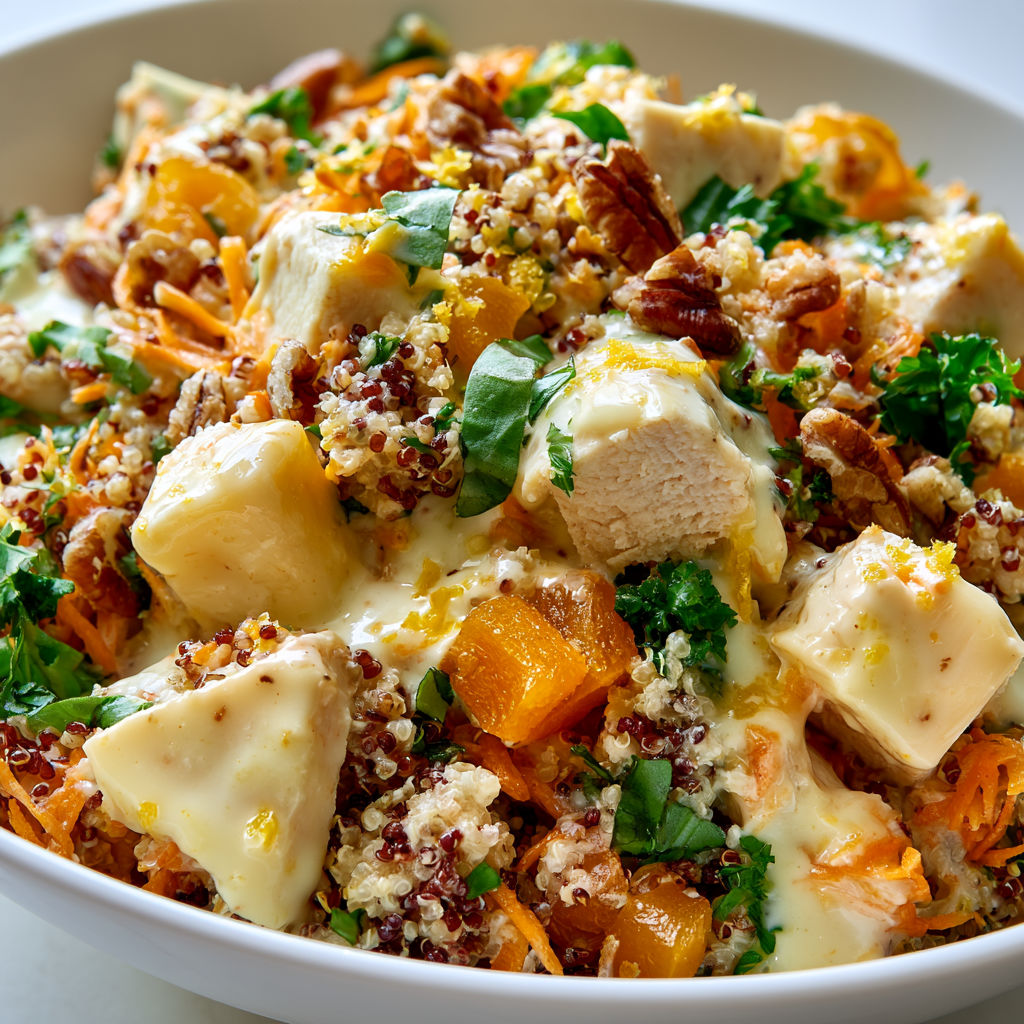 Bowl Équilibré de Quinoa au Poulet, Fruits Secs et Fromage Gourmand.