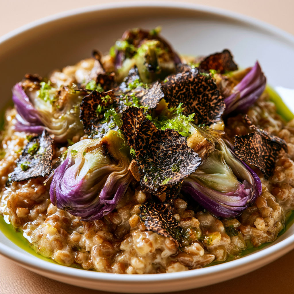 Risotto de petit épeautre, truffes d'été et artichauts, une collation savoureuse et délicieuse.