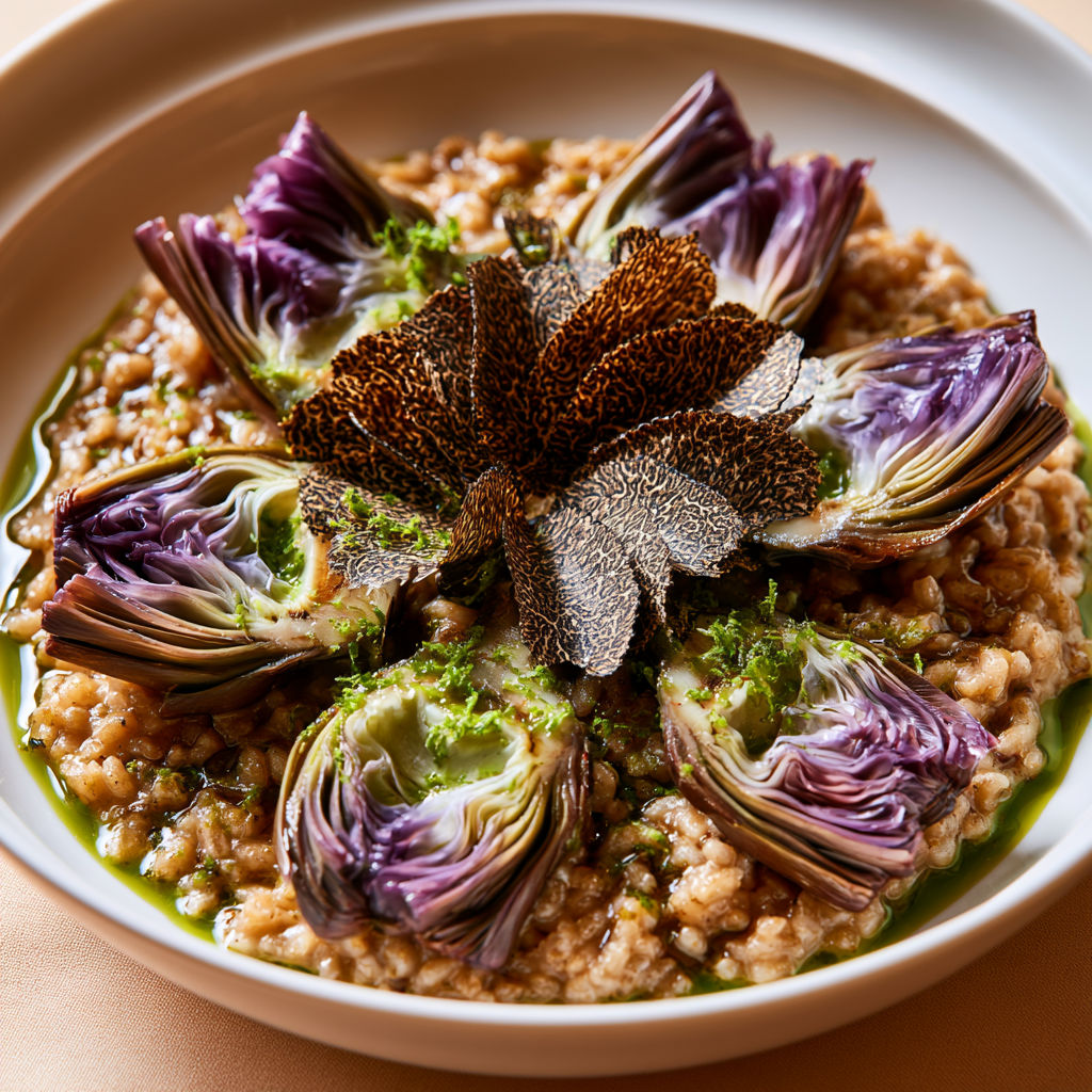 Risotto de Petit Épeautre Crémeux aux Artichauts et Truffe d’Été.