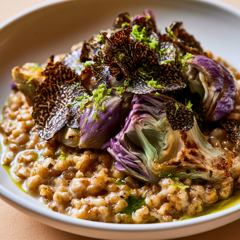 Épeautre Façon Risotto aux Artichauts Fondants et Copeaux de Truffe.