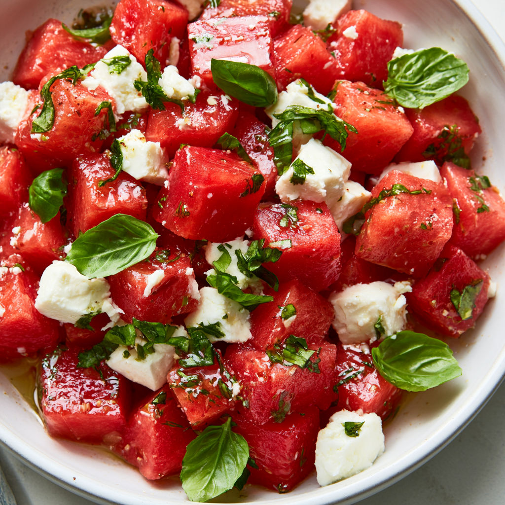 Salade Fraîche Pastèque & Feta au Basilic et Vinaigrette Citronnée.