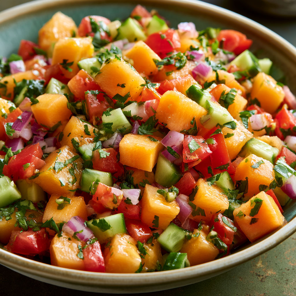 Salsa Fraîche de Cantaloup, Concombre et Coriandre au Citron Vert.