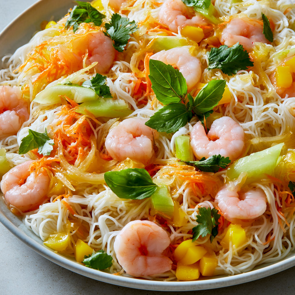 Salade de Vermicelles Froids aux Crevettes et Légumes Croquants à l’Asiatique.