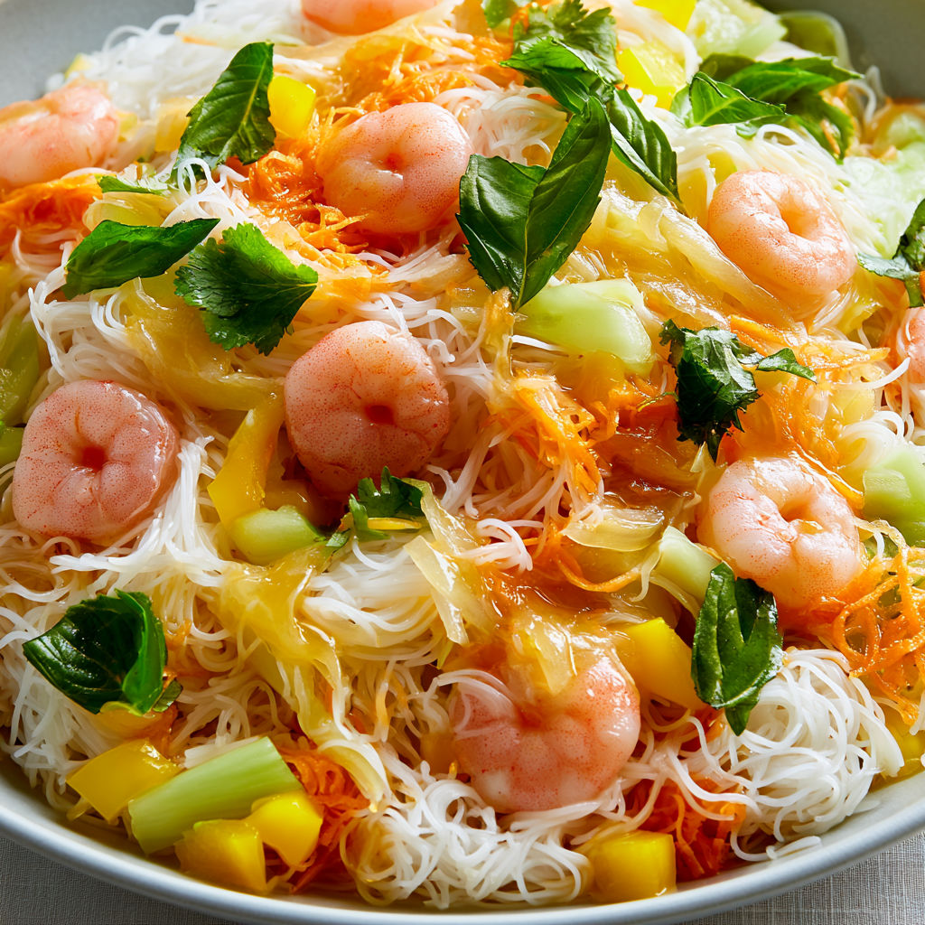Vermicelles de Riz Froids aux Crevettes et Vinaigrette Asiatique Parfumée.