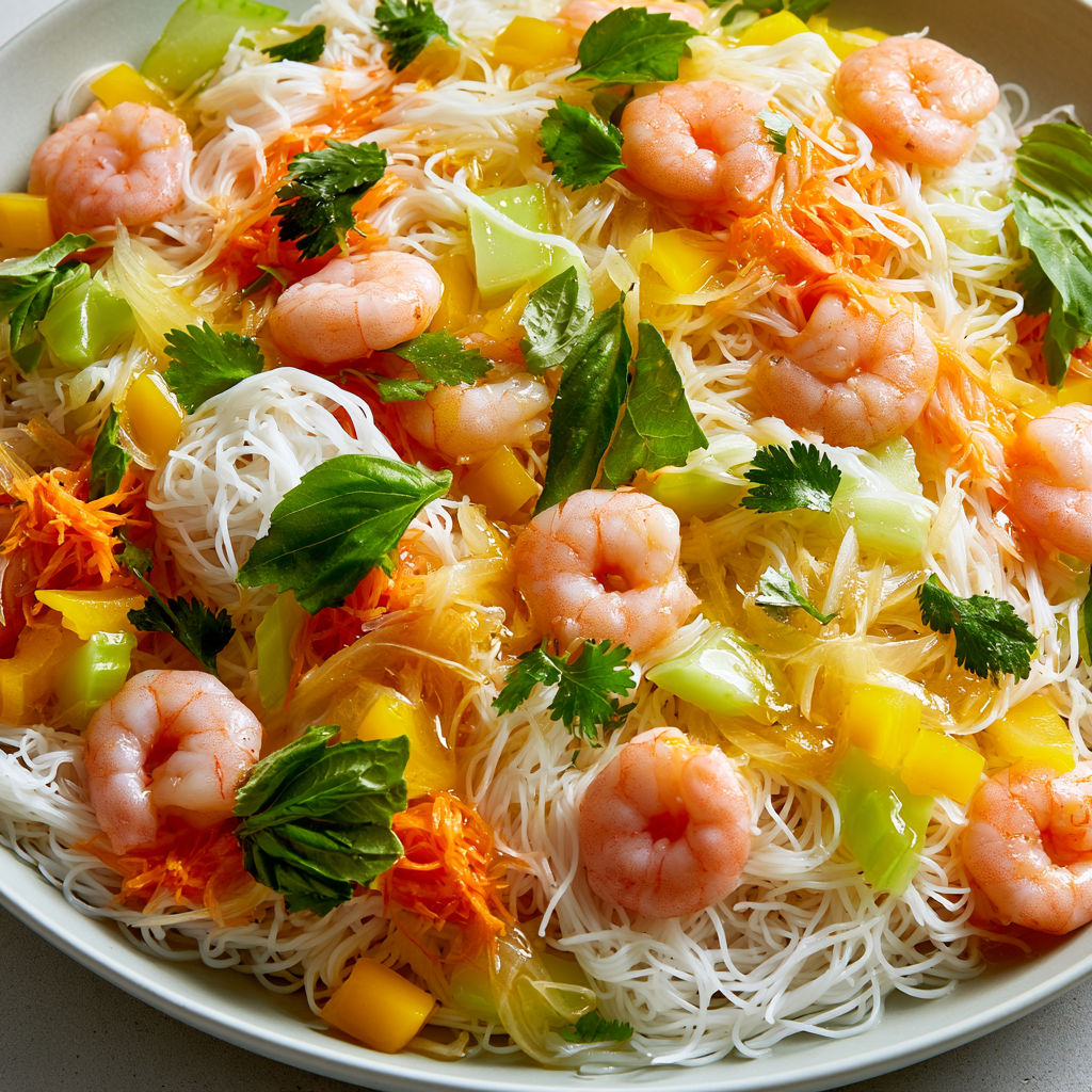 Salade Thaï de Vermicelles aux Crevettes, Légumes Croquants et Sauce Nuoc-Mâm.
