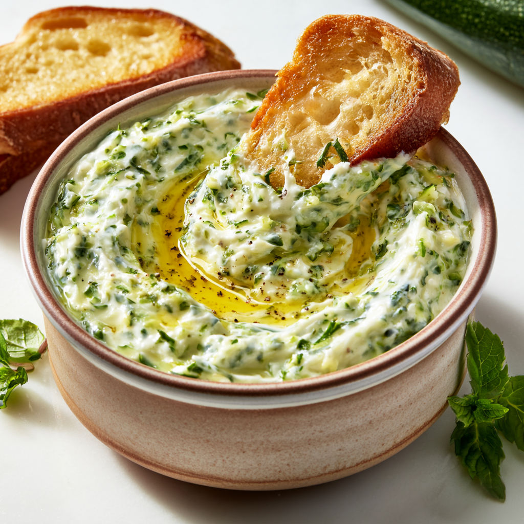Une tartine de courgette au chèvre, avec du pain et des herbes vertes.
