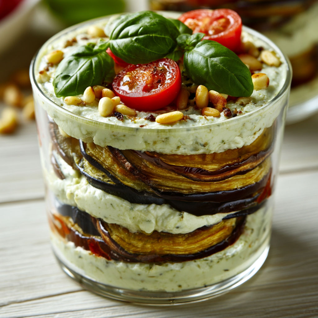 Tiramisu Salé aux Aubergines Grillées, Ricotta Crémeuse et Pesto Basilic.