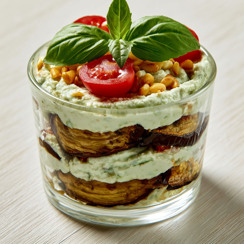 Millefeuille Salé d’Aubergines, Crème Ricotta-Pesto et Herbes Fraîches.