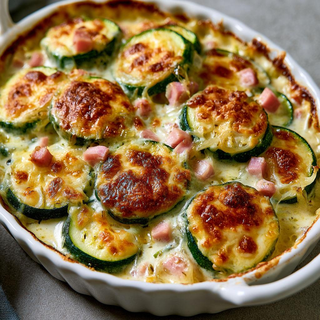Courgettes à la Crème, Jambon et Fromage Comté Gratiné au Four.