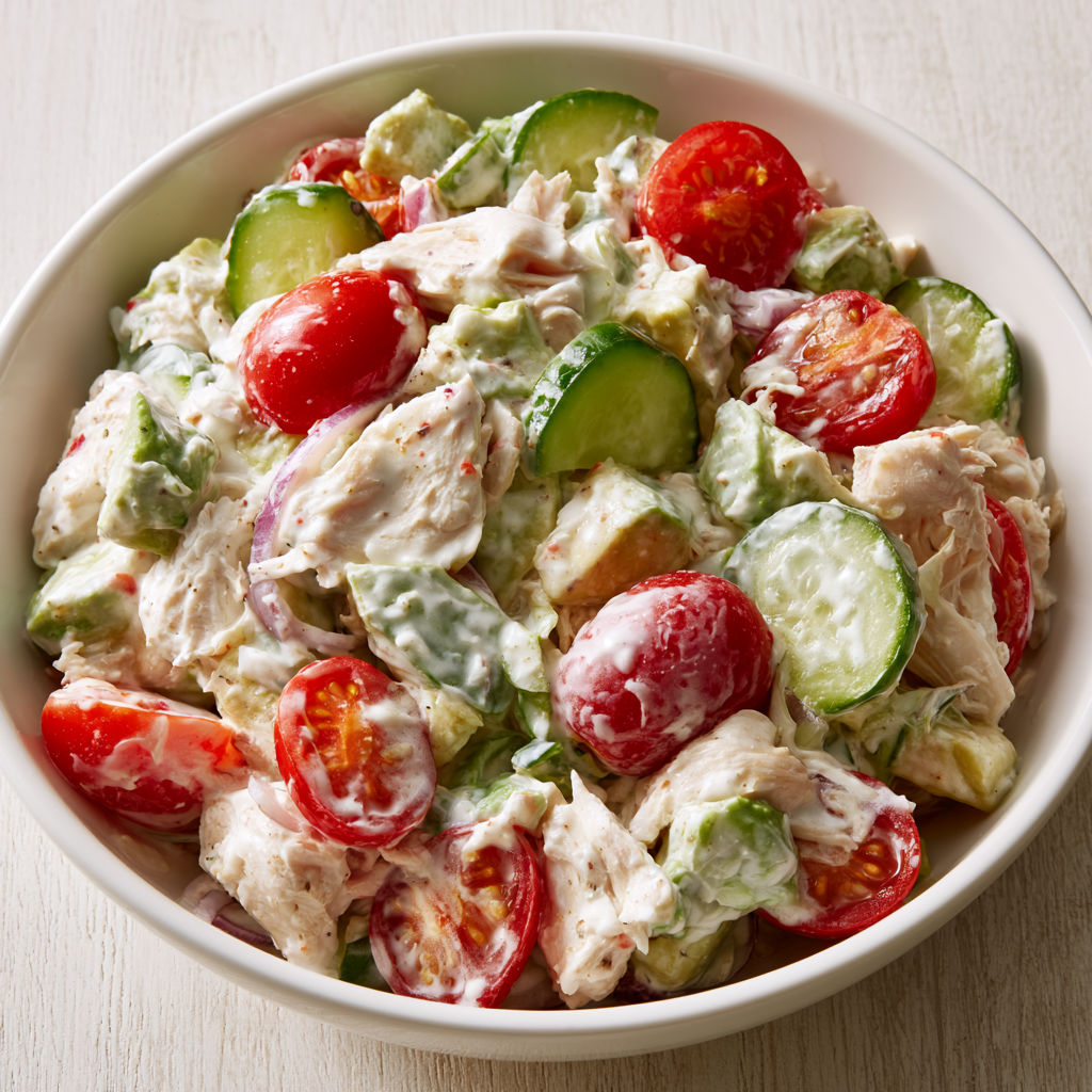 Salade Fraîche au Poulet, Avocat et Concombre, Légère et Gourmande.