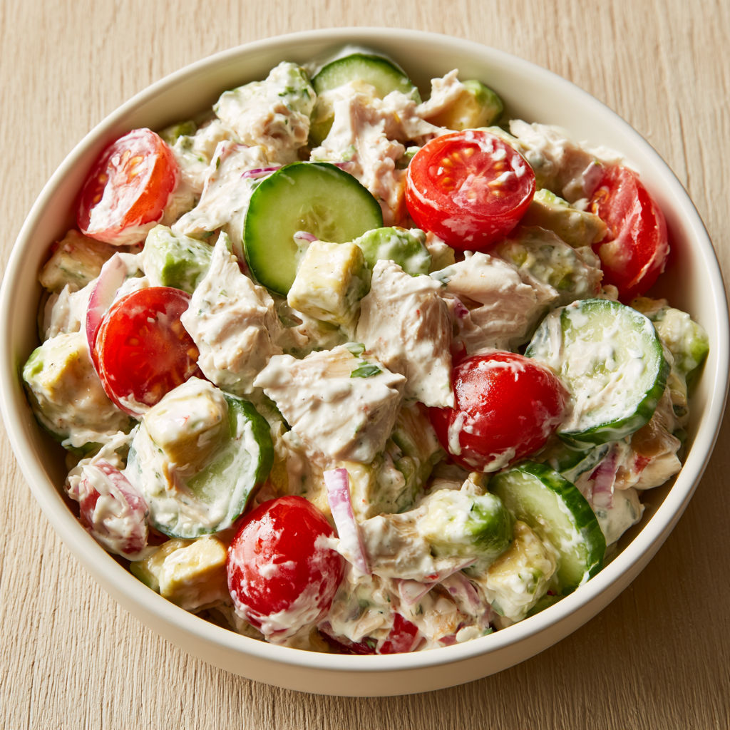 Salade Complète au Poulet et Avocat, Sauce Crémeuse au Yaourt Nature.