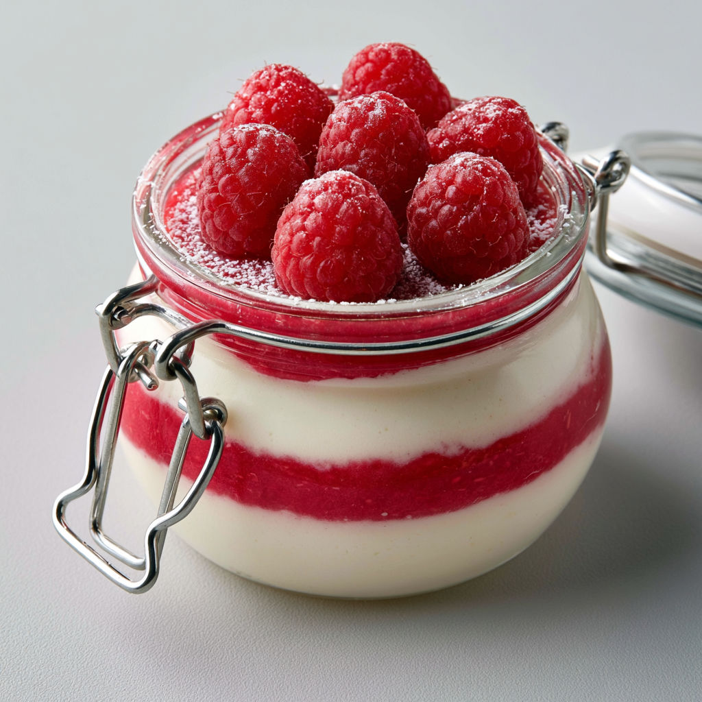 Un dessert en verre contenant des framboises et du mousse.