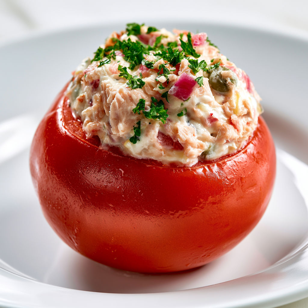 Un tomate farcié au thon sur un plateau blanc.
