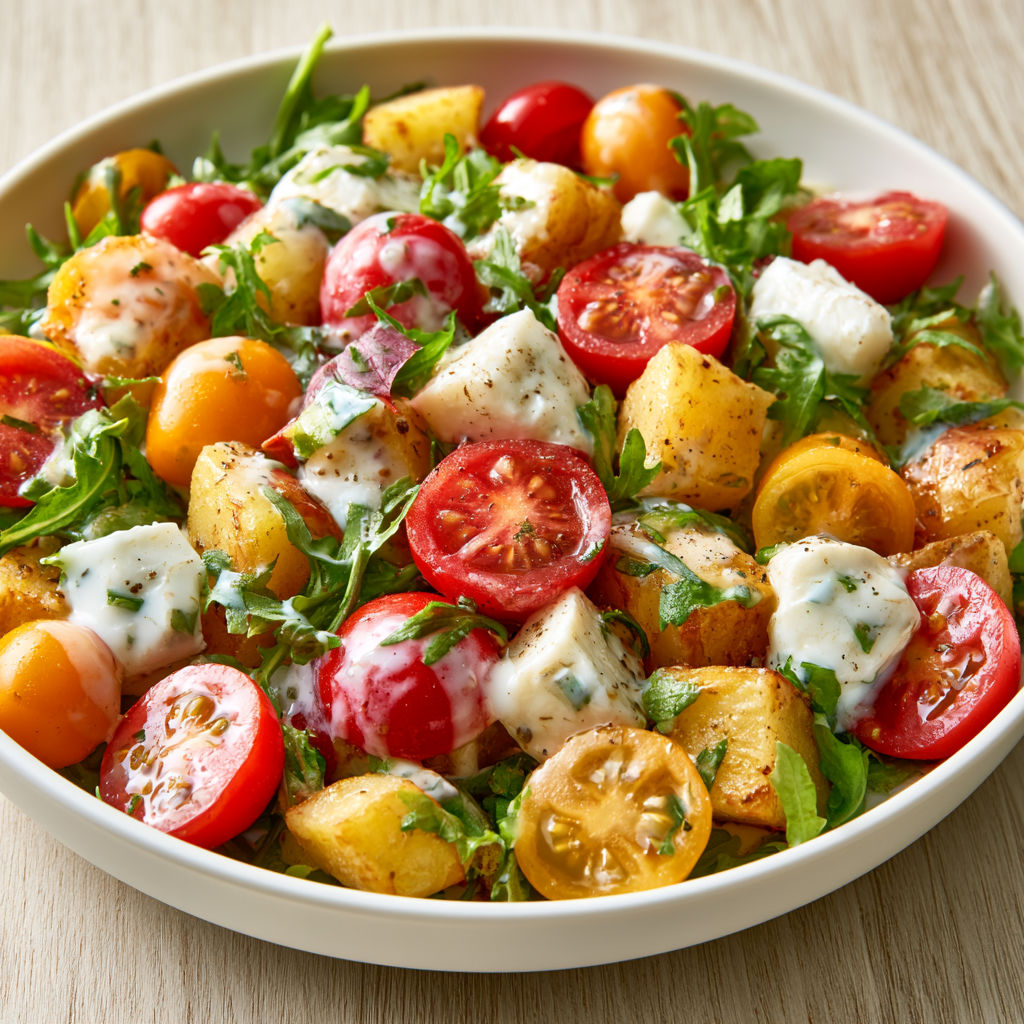 Salade Gourmande de Pommes de Terre, Mozzarella et Tomates Cerises à la Sauce Crémeuse.