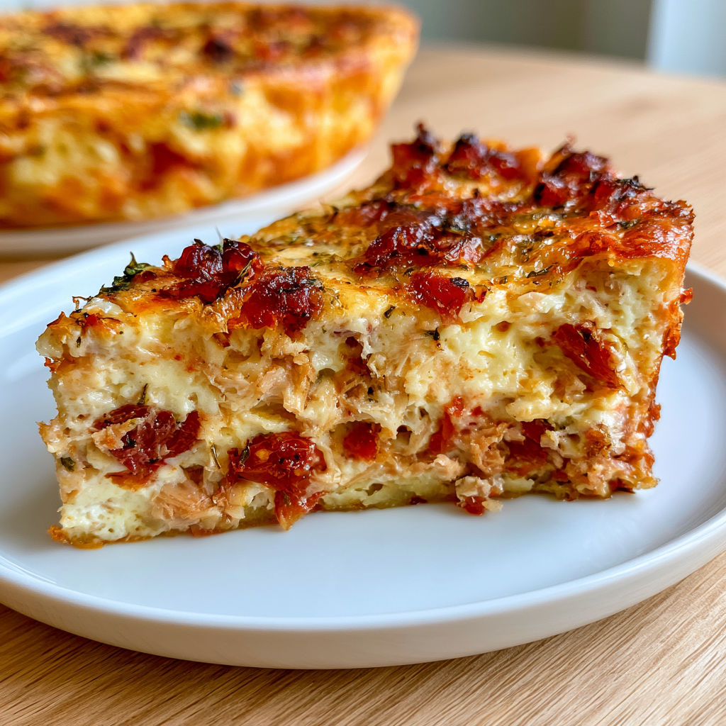 Une pièce de flan provençal à la tomate et au thon est servie sur un plateau blanc.