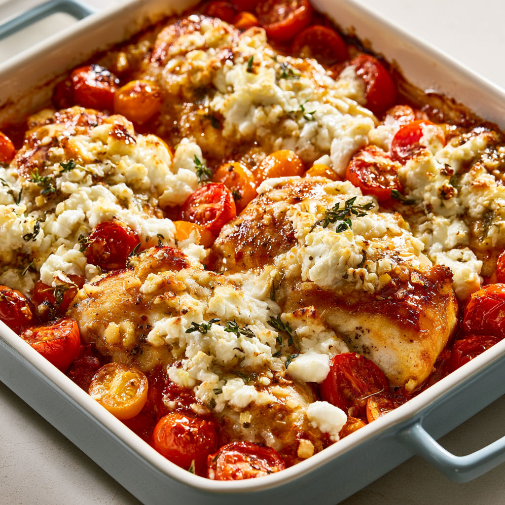 Poulet Gratiné aux Tomates Cerises et Feta Fondante au Four.