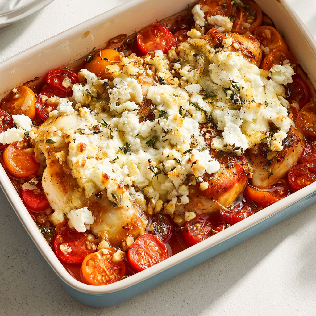 Aiguillettes de Poulet Gourmand à la Feta et aux Tomates Cerises, Doré et Parfumé au Thym.
