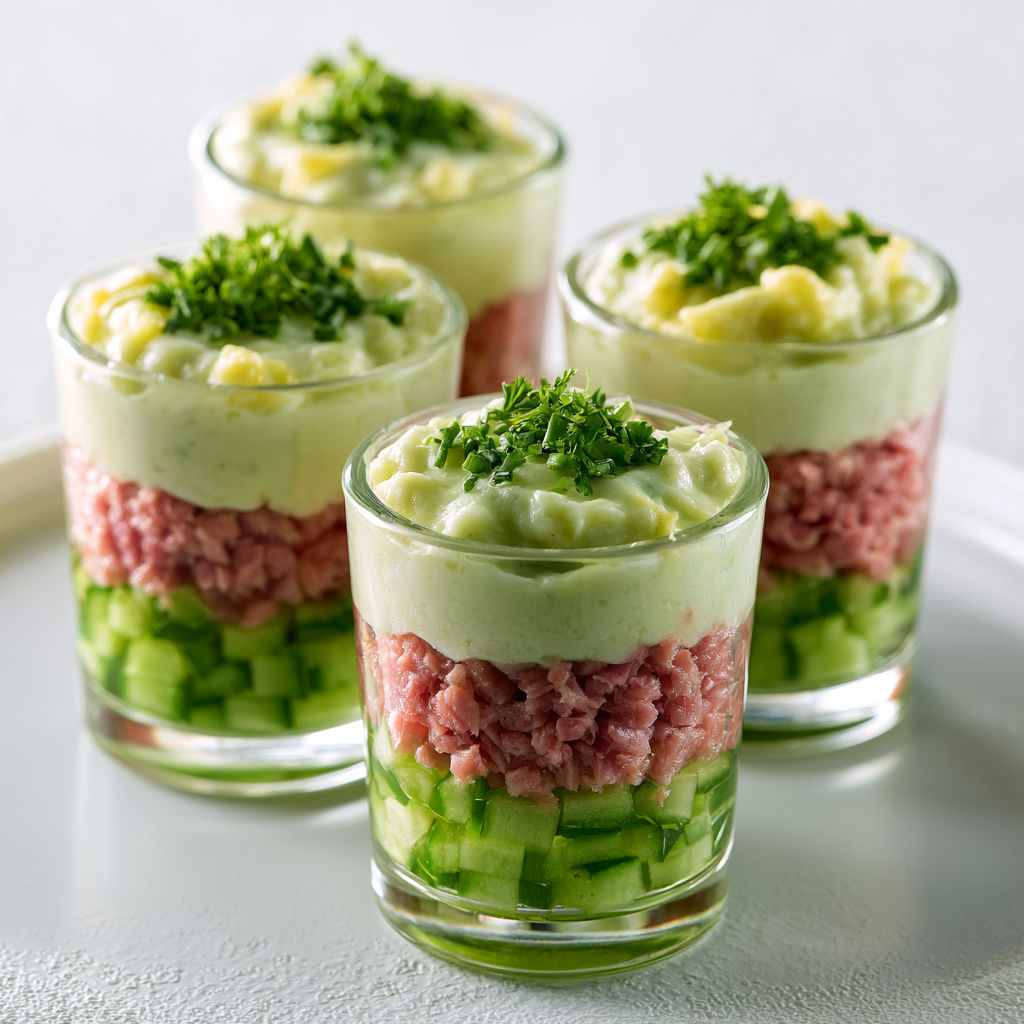Verrines de concombre, jambon et boursin.