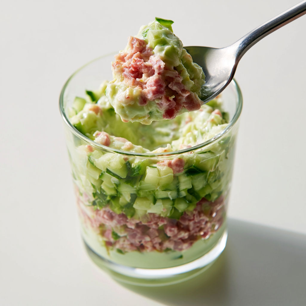 Verrines Fraîcheur au Concombre, Jambon et Crème de Boursin aux Fines Herbes.