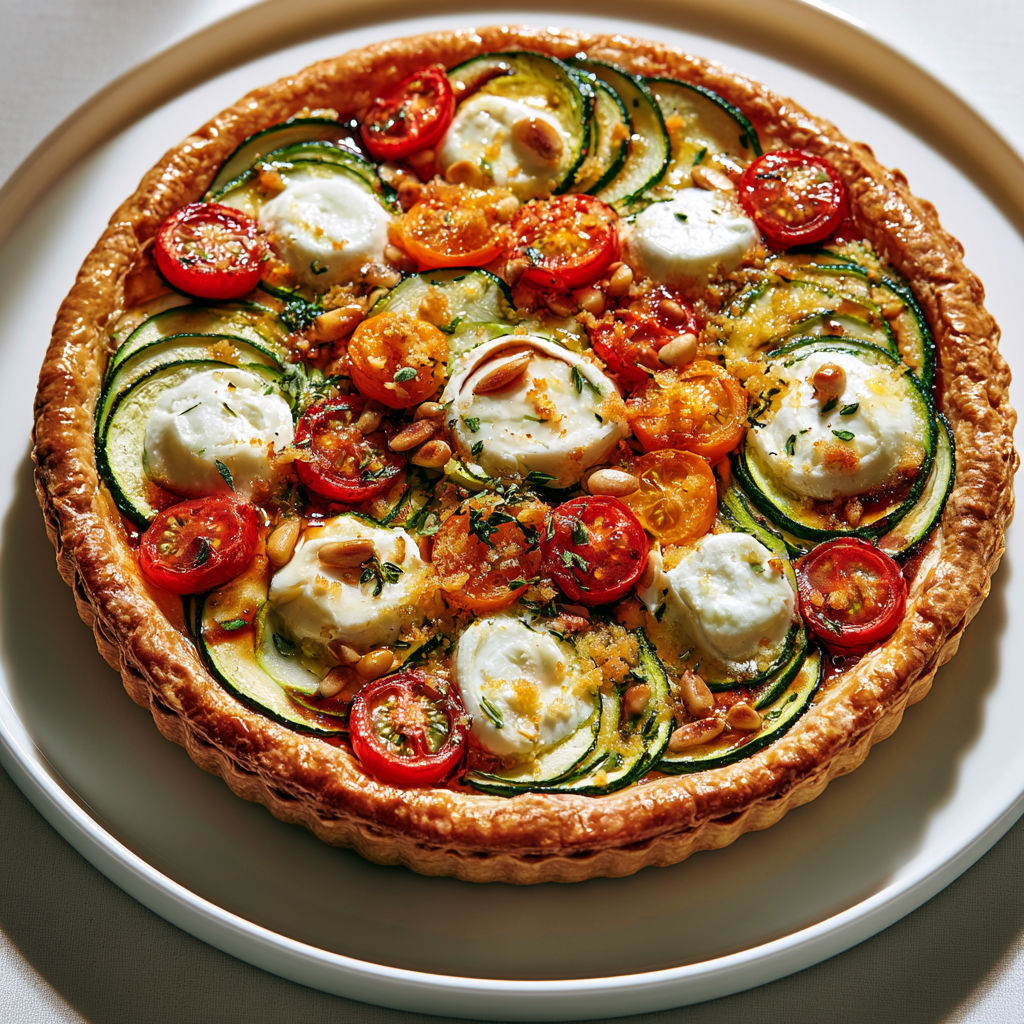 Tarte Rustique d’Été au Chèvre, Pesto Rosso et Légumes du Soleil.