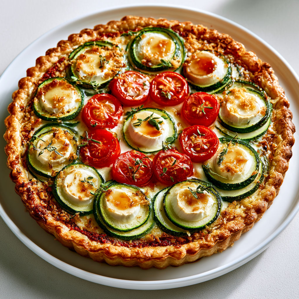 Tarte Gourmande aux Courgettes et Tomates Rôties, Chèvre et Pignons de Pin Croquants.