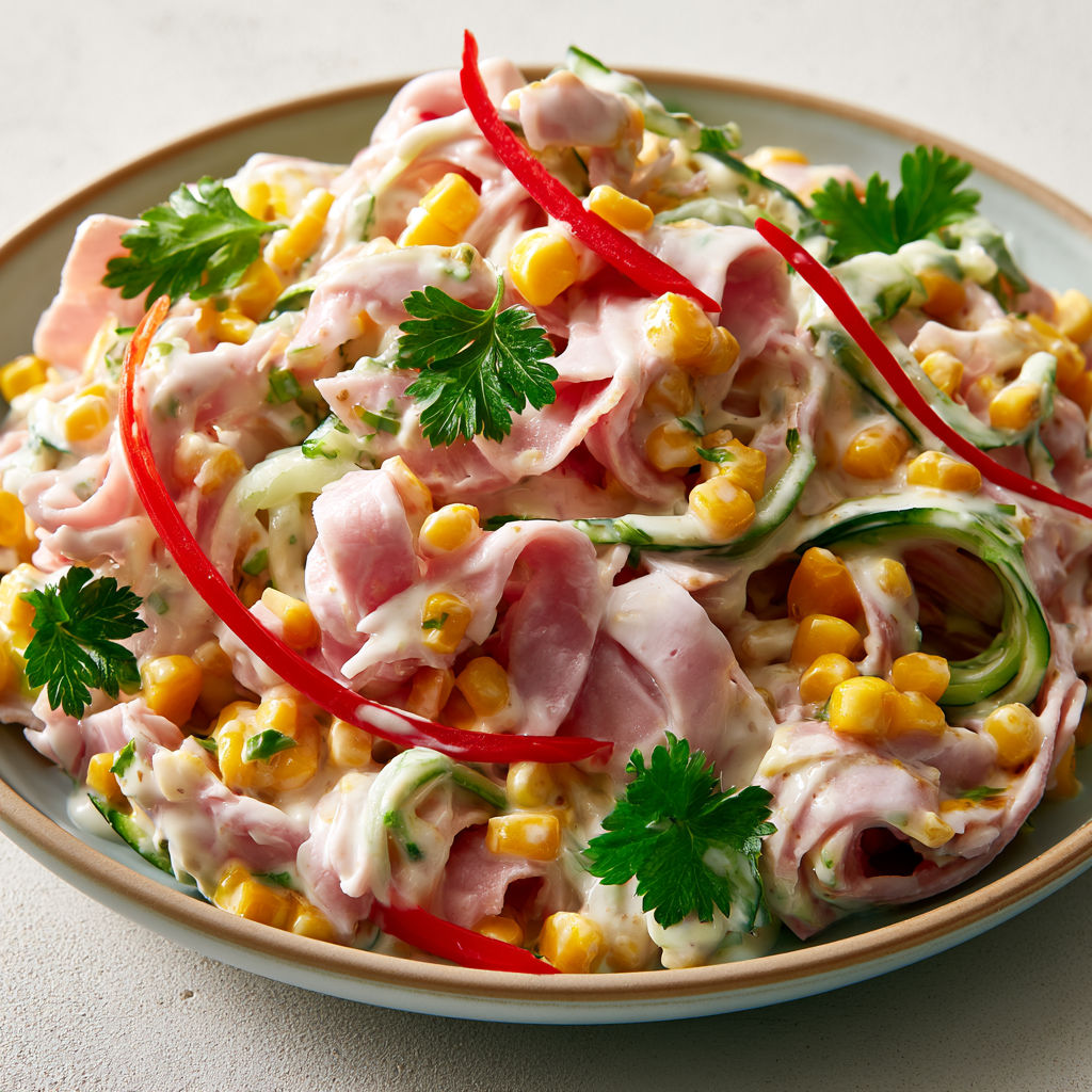 Une salade minceur de tagliatelles de jambon, concombre et maïs.