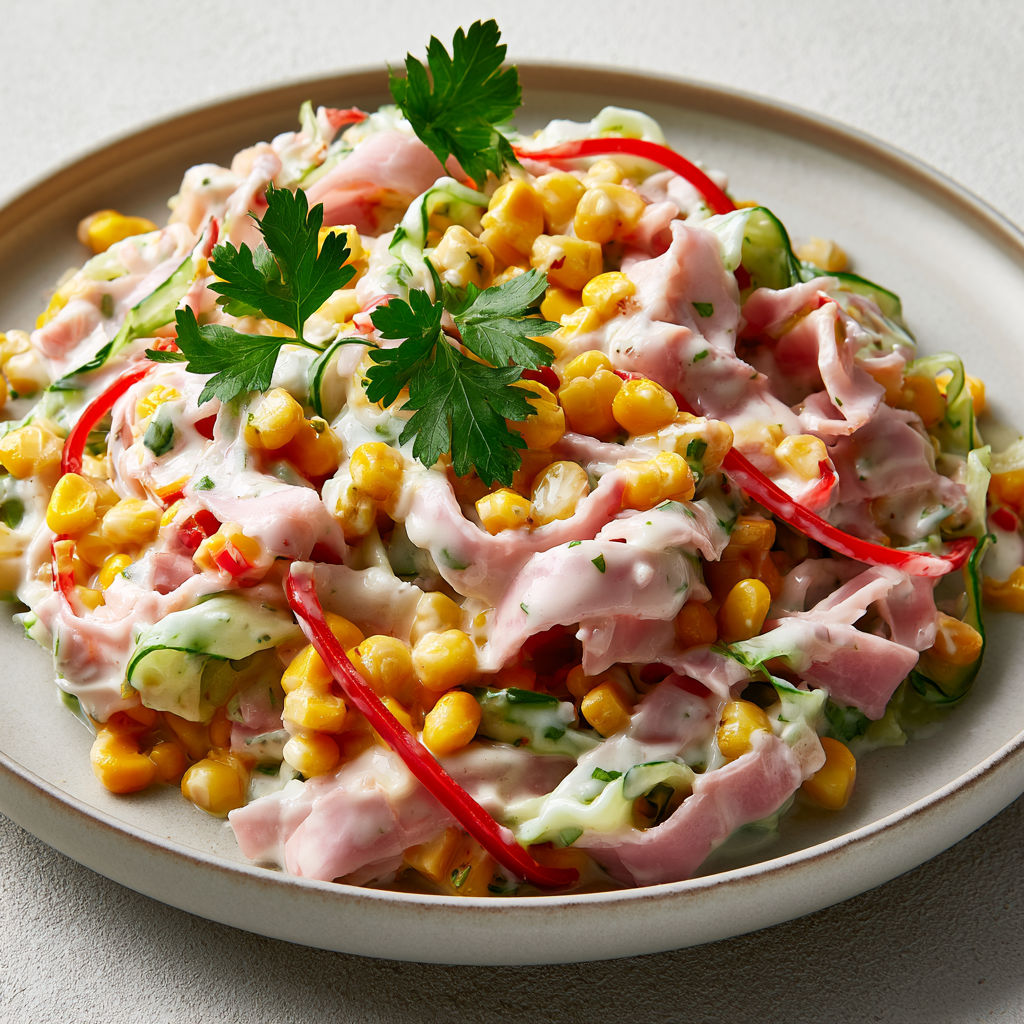 Salade de Tagliatelles de Jambon, Concombre et Maïs.