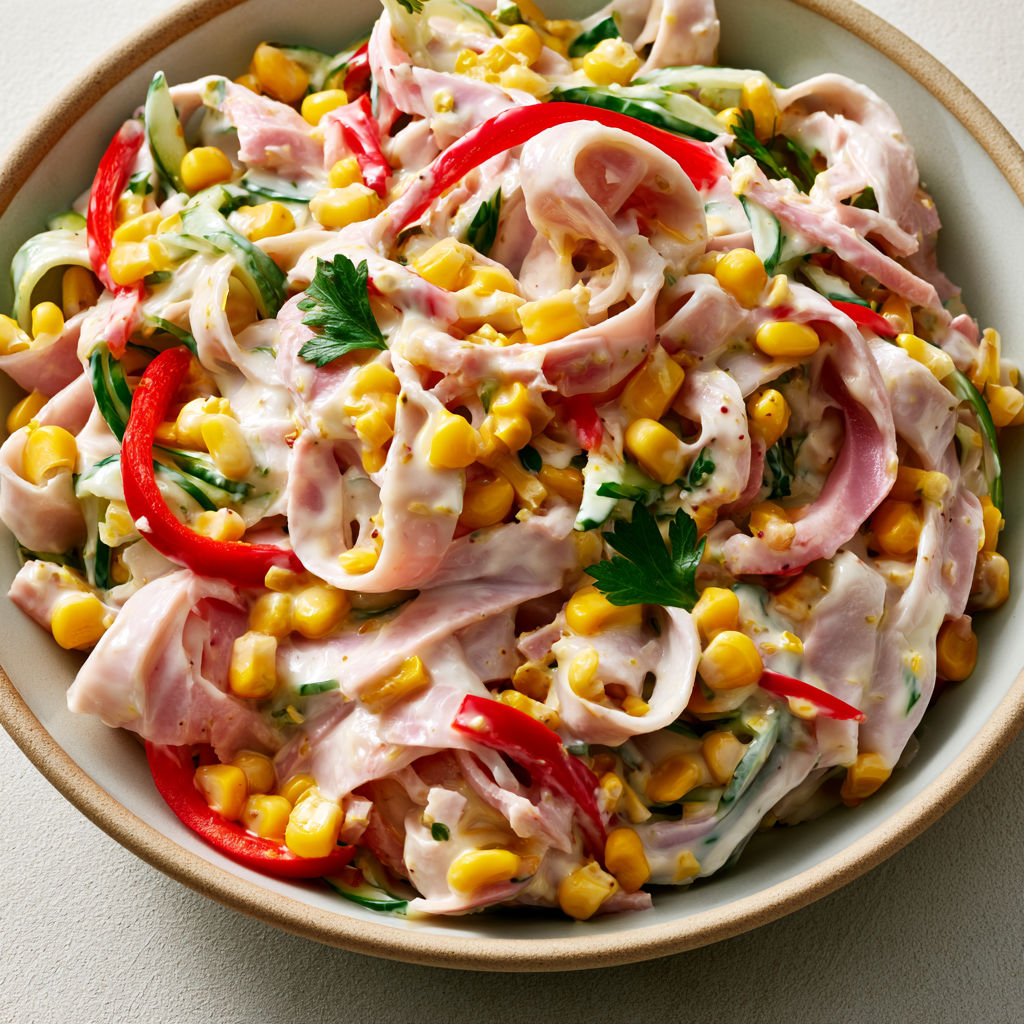 Salade Fraîcheur Croquante de Concombre, Jambon et Légumes au Maïs.