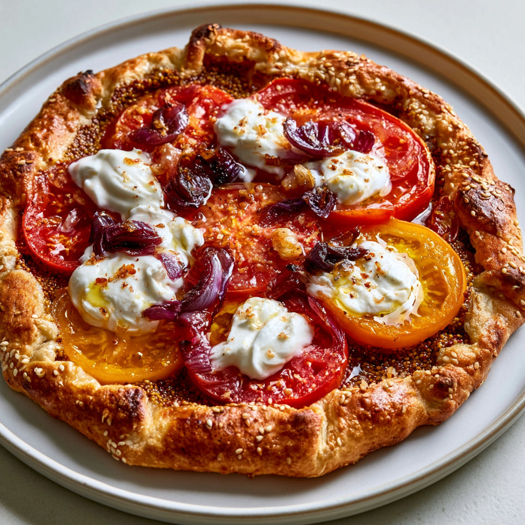 Tarte Salée à la Tomate et Oignons Caramélisés sur Pâte Maison.