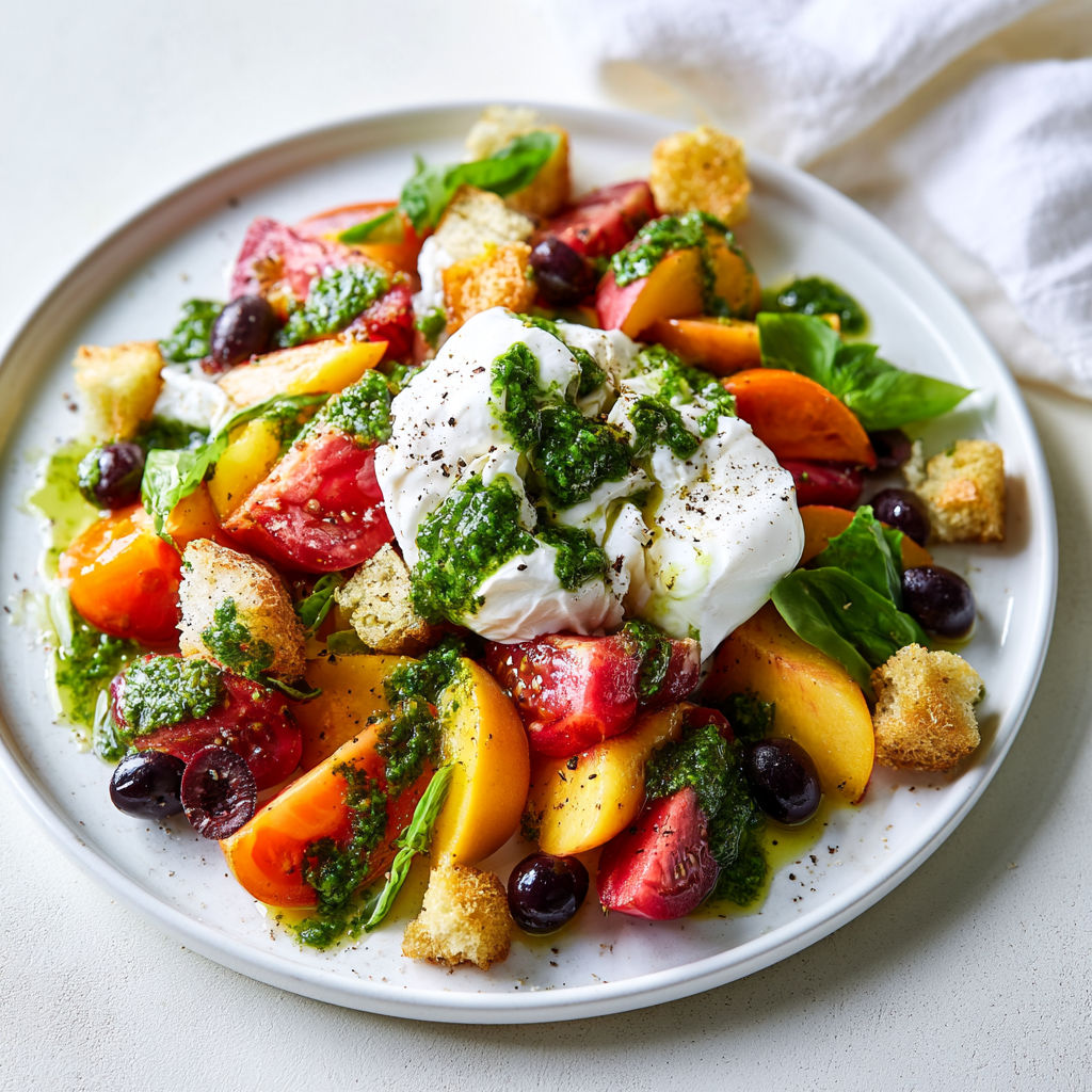 Une salade de tomates et pêches, garnie de burrata et sauce chimichurri.
