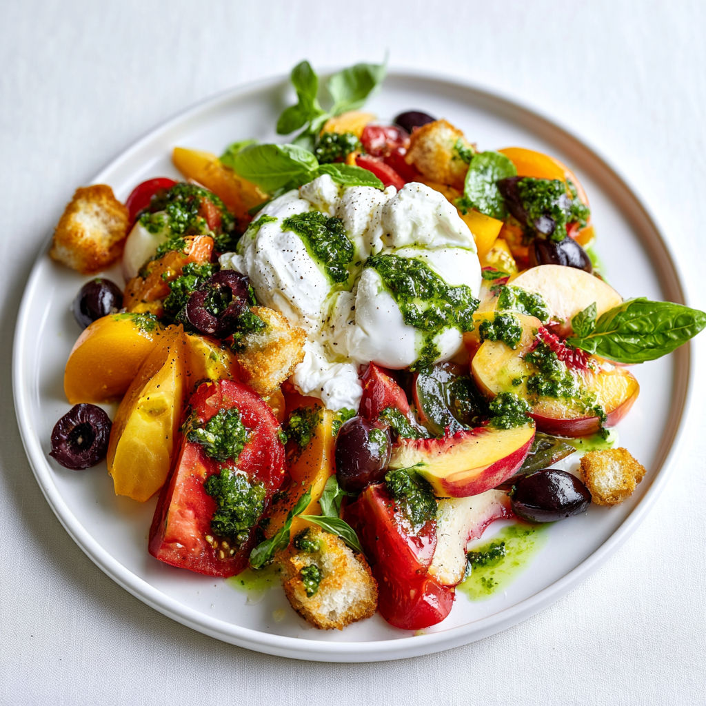 Salade de Tomates et Pêches à la Burrata et Sauce Chimichurri au Basilic.