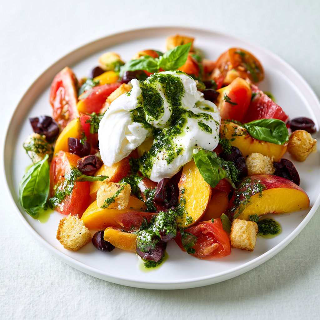 Salade Estivale Tomates, Pêches et Burrata avec Vinaigrette Chimichurri Maison.