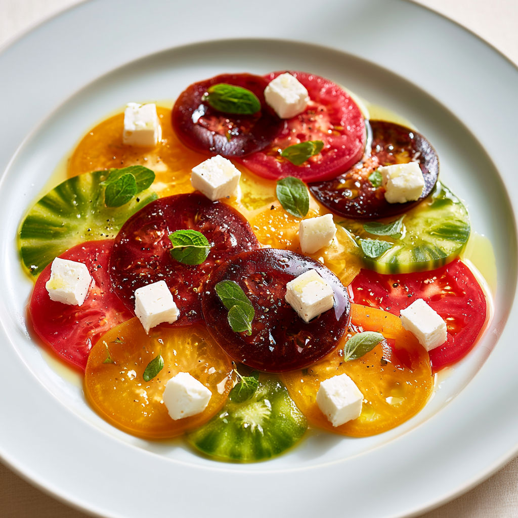 Une assiette de carpaccio de tomates anciennes, tomme de chèvre frais et marjolaine.