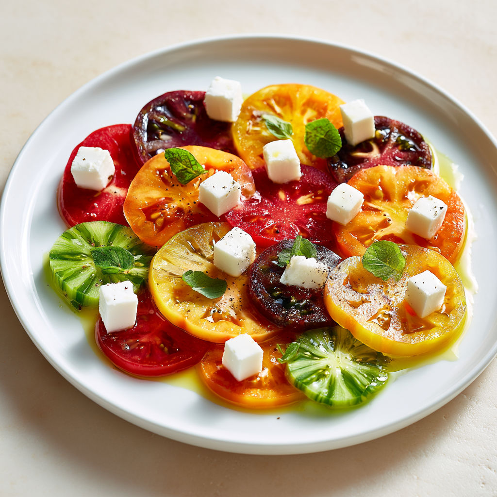 Carpaccio de Tomates Anciennes au Chèvre Frais et Marjolaine.