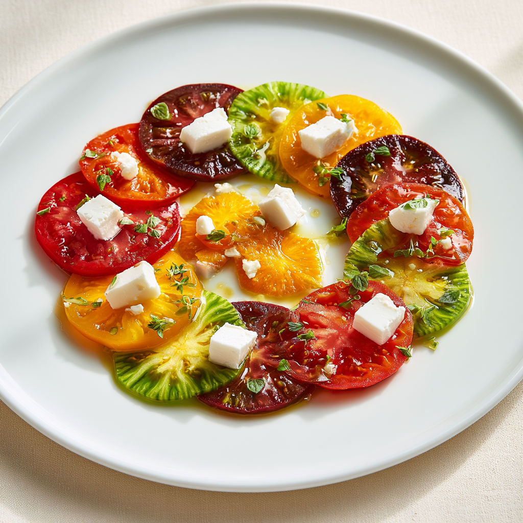 Carpaccio Coloré de Tomates Multicolores, Tomme de Chèvre et Herbes Fraîches.
