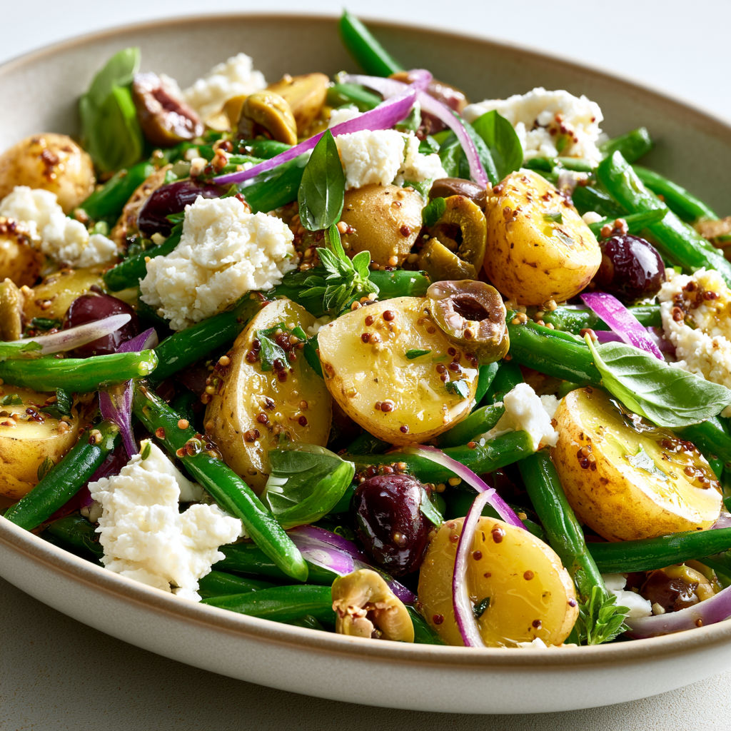 Une salade de pommes de terre, haricots verts et olives.
