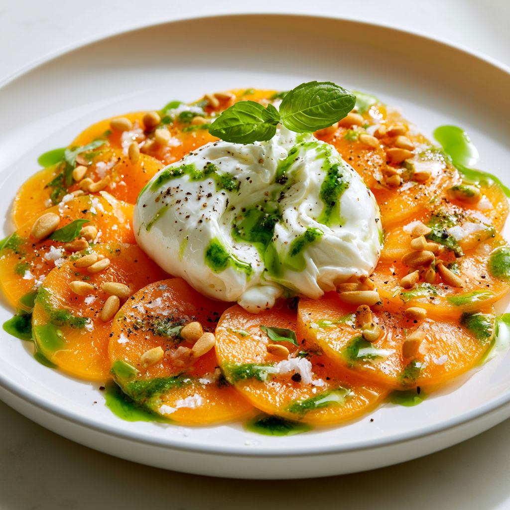 Salade Gourmande de Melon Charentais, Burrata Coulante, Basilic Frais et Pignons Torréfiés.
