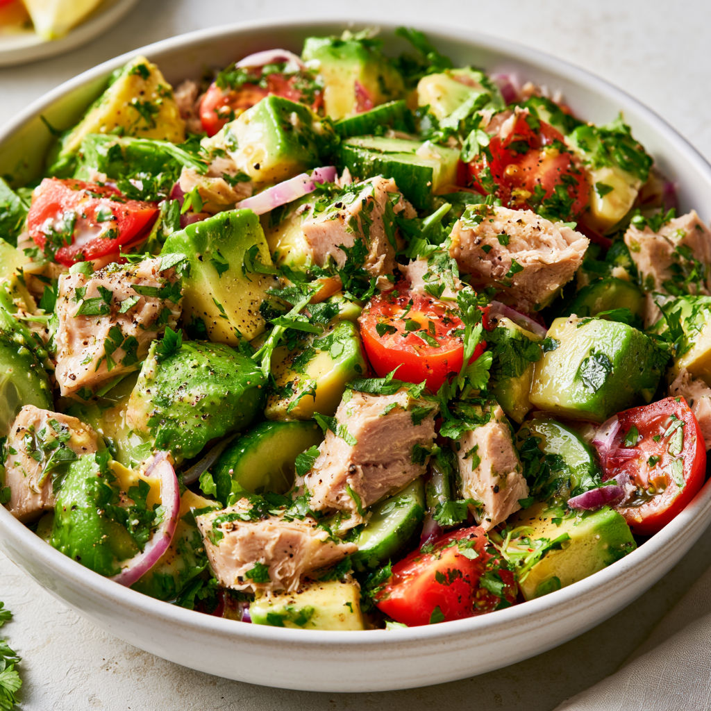 Salade Fraîche Avocat, Thon et Concombre au Citron.