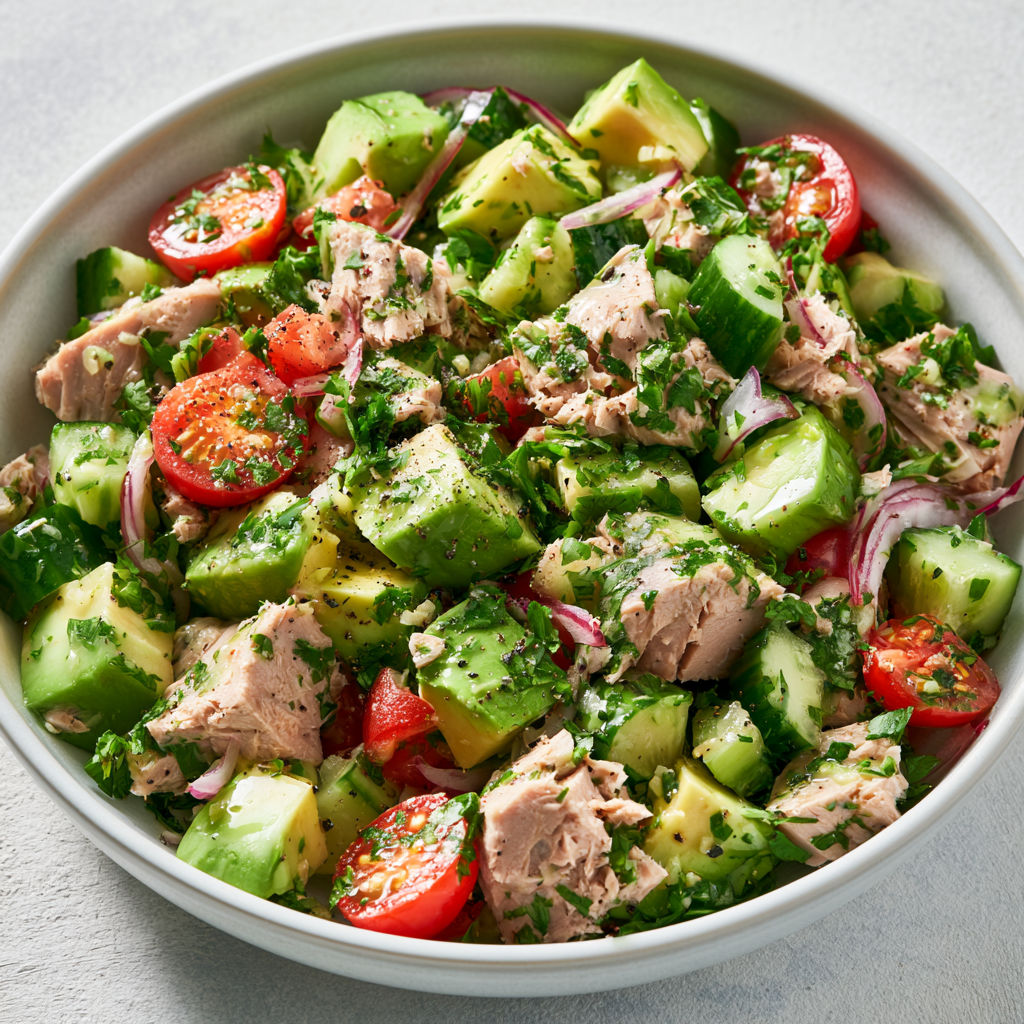 Salade Complète Avocat, Thon et Concombre à la Vinaigrette Citronnée.