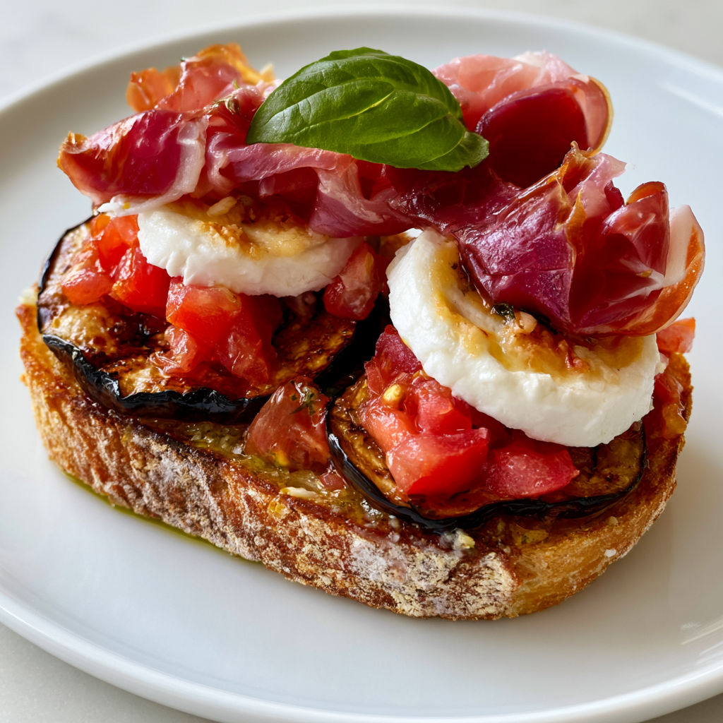 Une bruschetta de tomates, aubergines et chèvre.