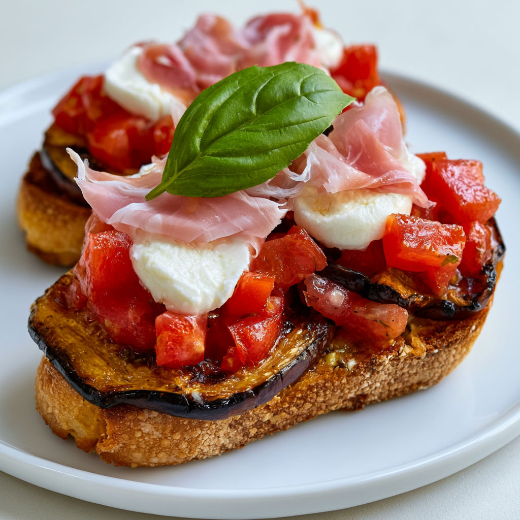 Bruschetta Gourmande aux Tomates, Aubergines Grillées, Chèvre Fondant et Jambon Cru.