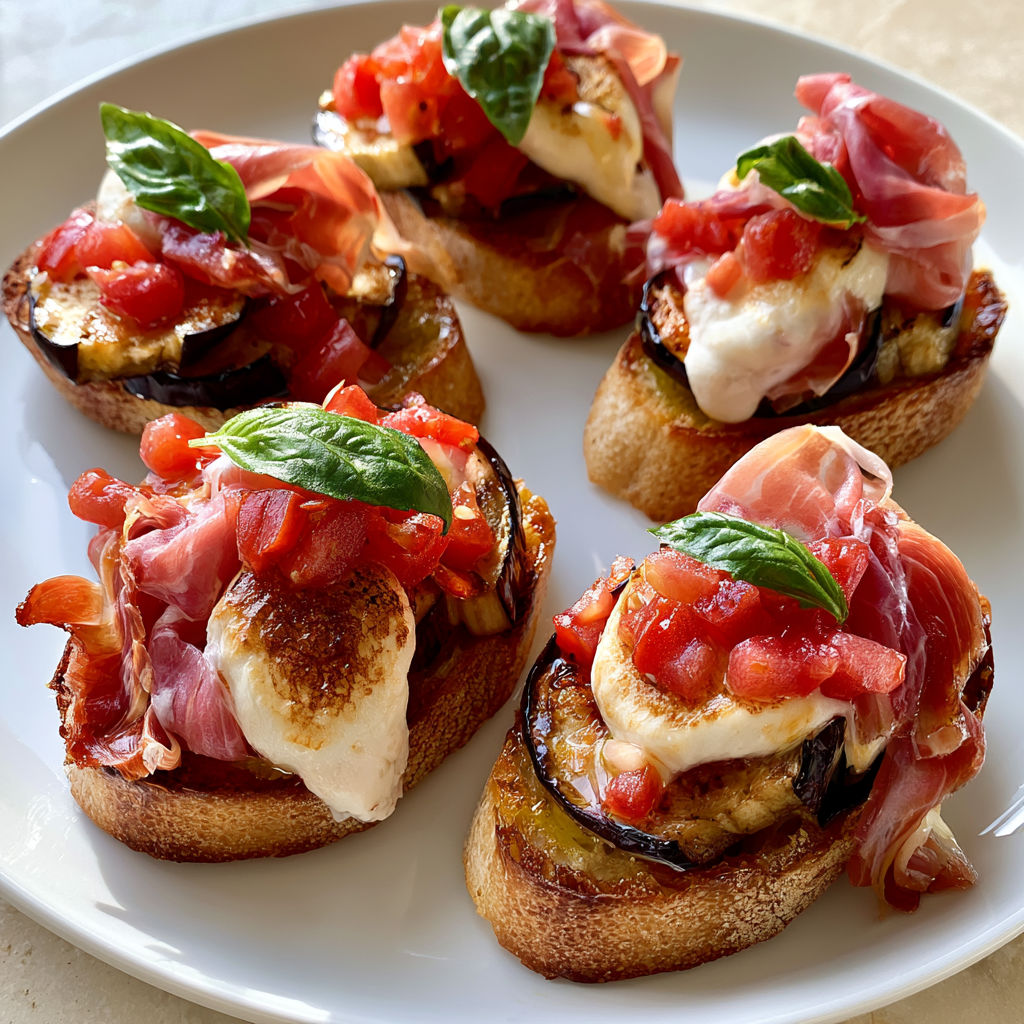 Tartines Croustillantes aux Tomates, Aubergines Fondantes, Chèvre et Jambon Cru.