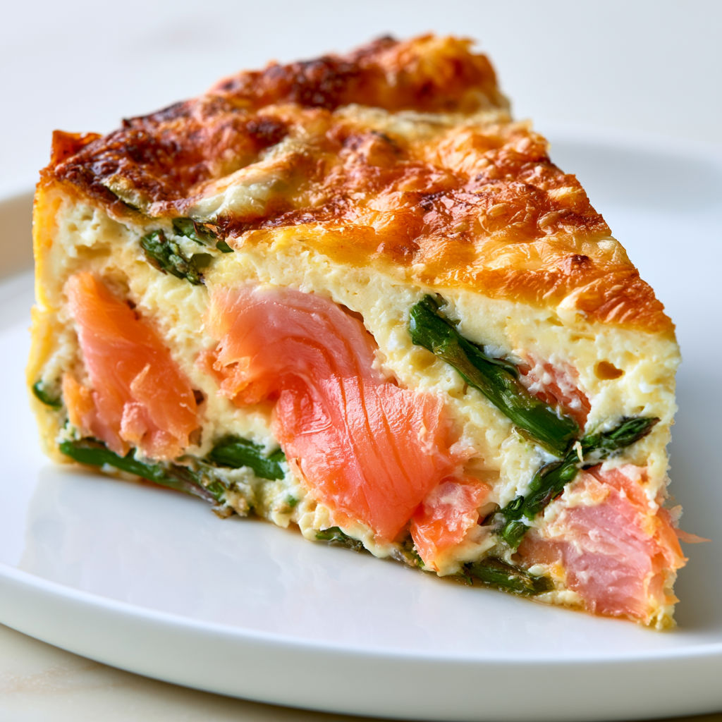 Quiche Moelleuse sans Pâte au Saumon Fumé, Asperges Vertes et Gruyère Gratiné.