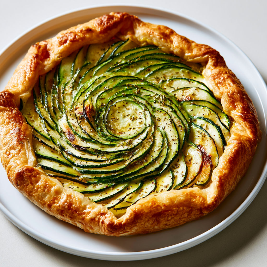 Tarte Rustique aux Courgettes Marinées, Moutarde à l’Ancienne et Herbes de Provence.