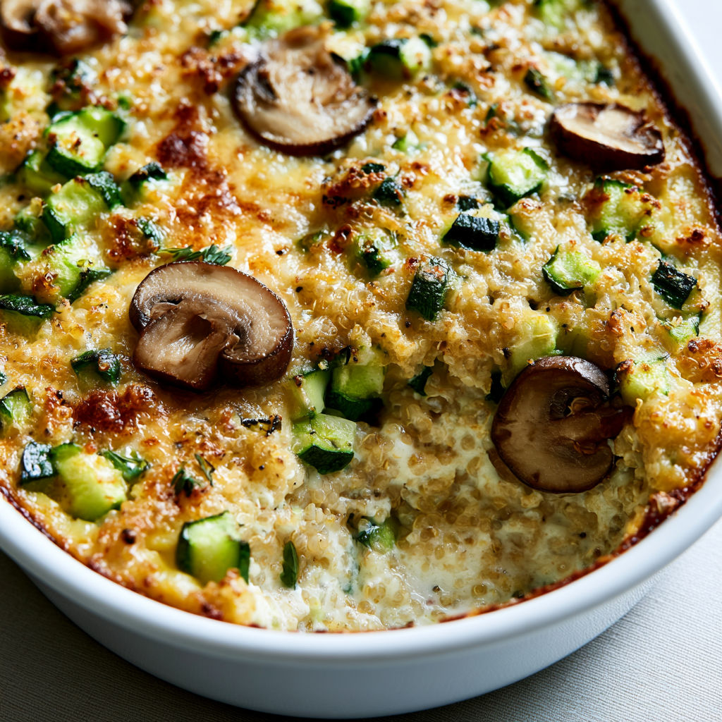 Une recette de Gratin Fondant de Courgettes, Quinoa et Champignons à la Crème.